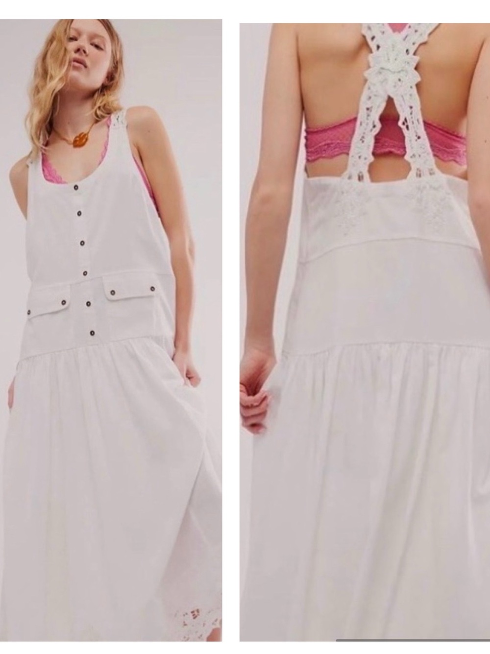 Free People Mayner Linen Cotton Battenburg Lace Trims Midi Dress